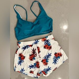 SHEIN Teal Bikini Set with Floral Coverup Shorts